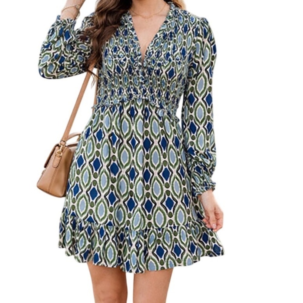 By Anthropologie Women's Long-Sleeve V-Neck Ruffled Mini Dress Size Small NWT